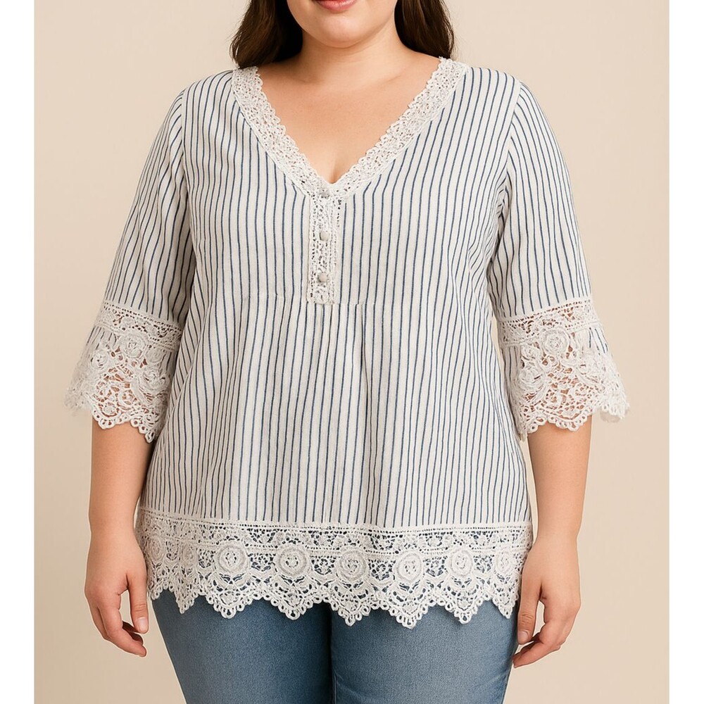 Chelsea & Theodore Blue White Striped Lace Trim Blouse Top 3X Rayon Boho Chic‎